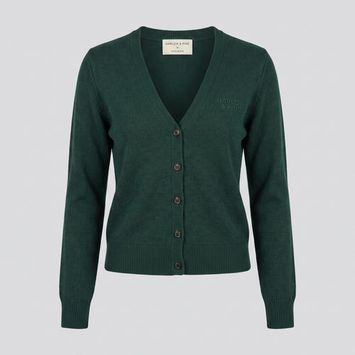 Cardigan en maille côtelée, vert pin, vue de face — HARLOW & PINE