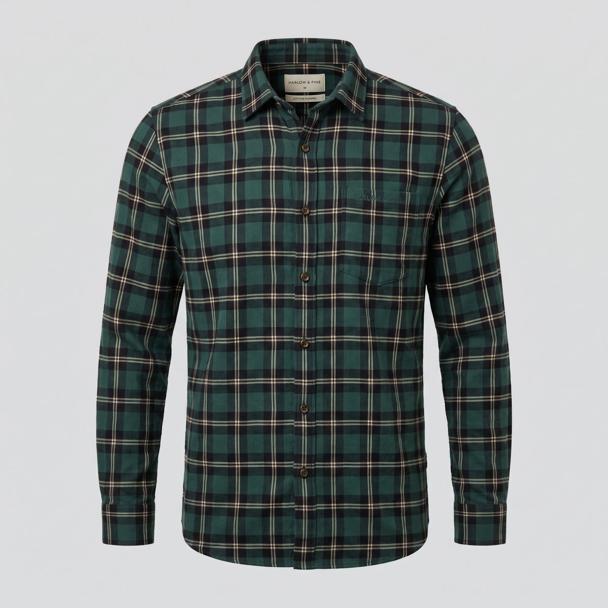 Chemise en flanelle à carreaux, vert sapin, vue de face — HARLOW & PINE