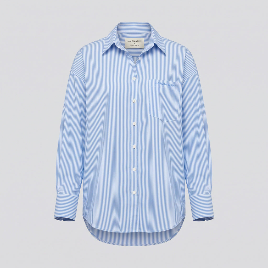 Chemise oversize en popeline rayée, bleu ciel, vue de face — HARLOW & PINE
