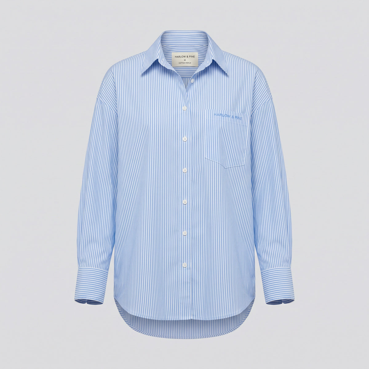 Chemise oversize en popeline rayée, bleu ciel, vue de face — HARLOW & PINE