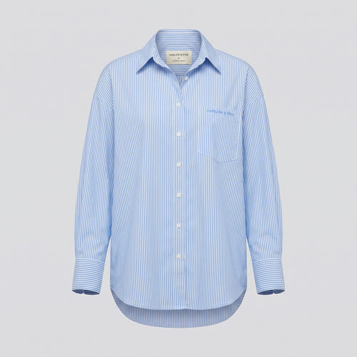 Chemise oversize en popeline rayée, bleu ciel, vue de face — HARLOW & PINE