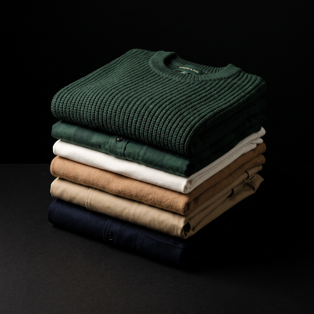 HARLOW & PINE — pile de pièces pliées, vert sapin, camel, écru
