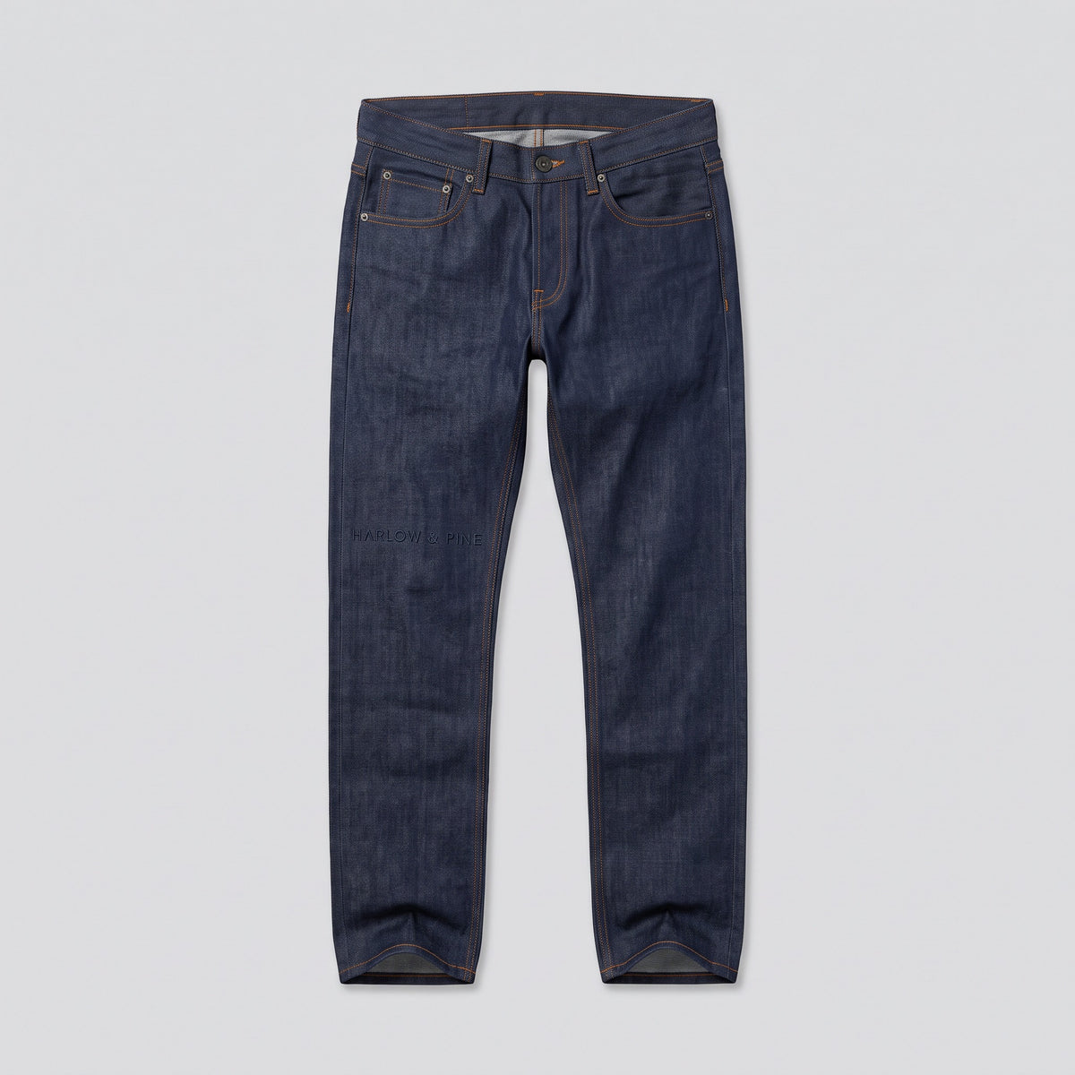 Jean brut coupe droite, indigo, vue de face — HARLOW & PINE
