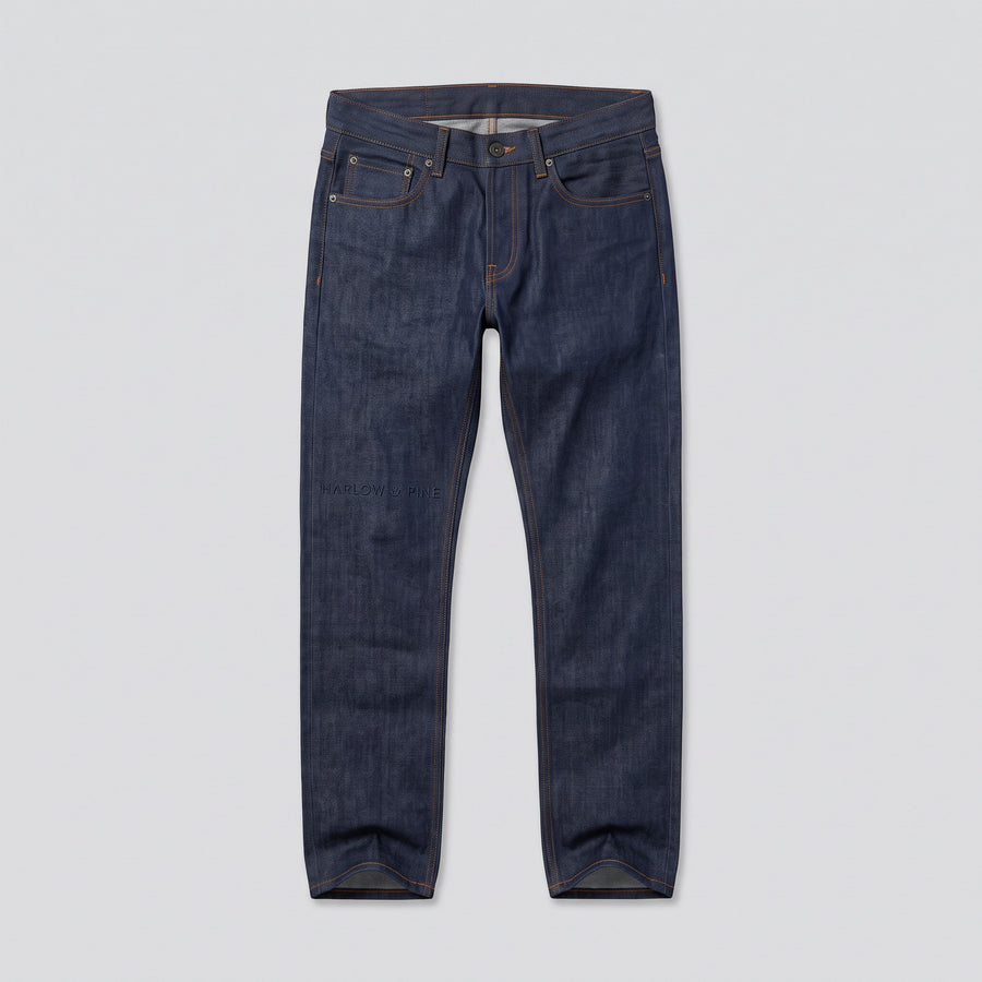 Jean brut coupe droite, indigo, vue de face — HARLOW & PINE