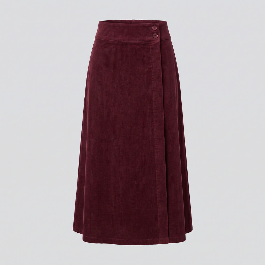 Jupe portefeuille midi en velours, bordeaux, vue de face — HARLOW & PINE