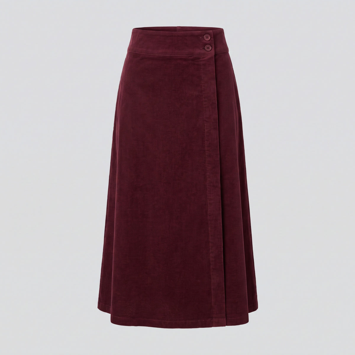 Jupe portefeuille midi en velours, bordeaux, vue de face — HARLOW & PINE