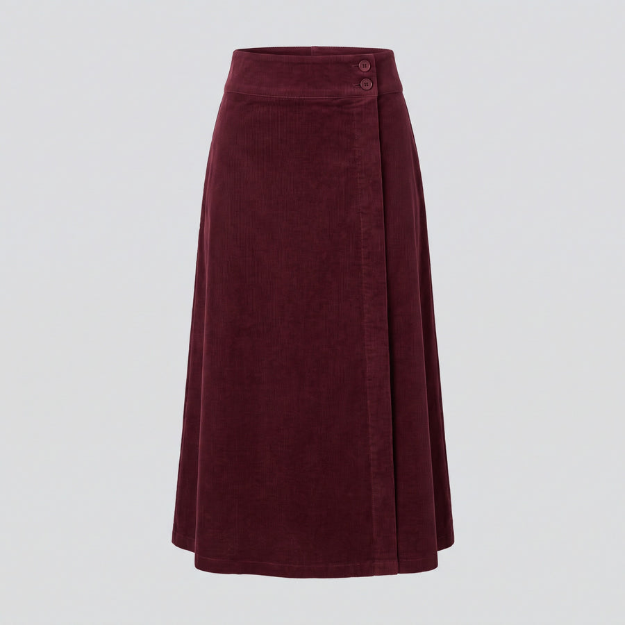 Jupe portefeuille midi en velours, bordeaux, vue de face — HARLOW & PINE