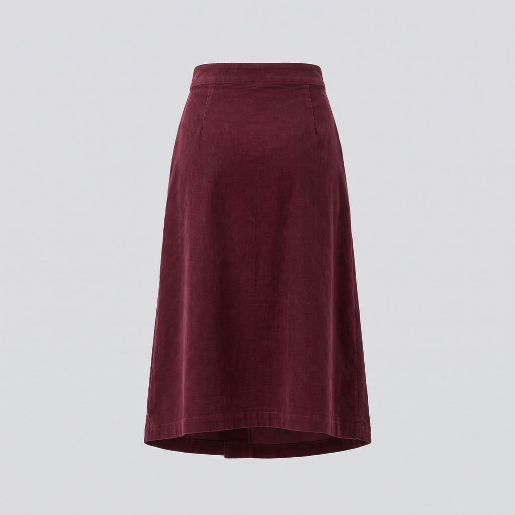 Jupe portefeuille midi en velours, bordeaux, vue de dos — HARLOW & PINE