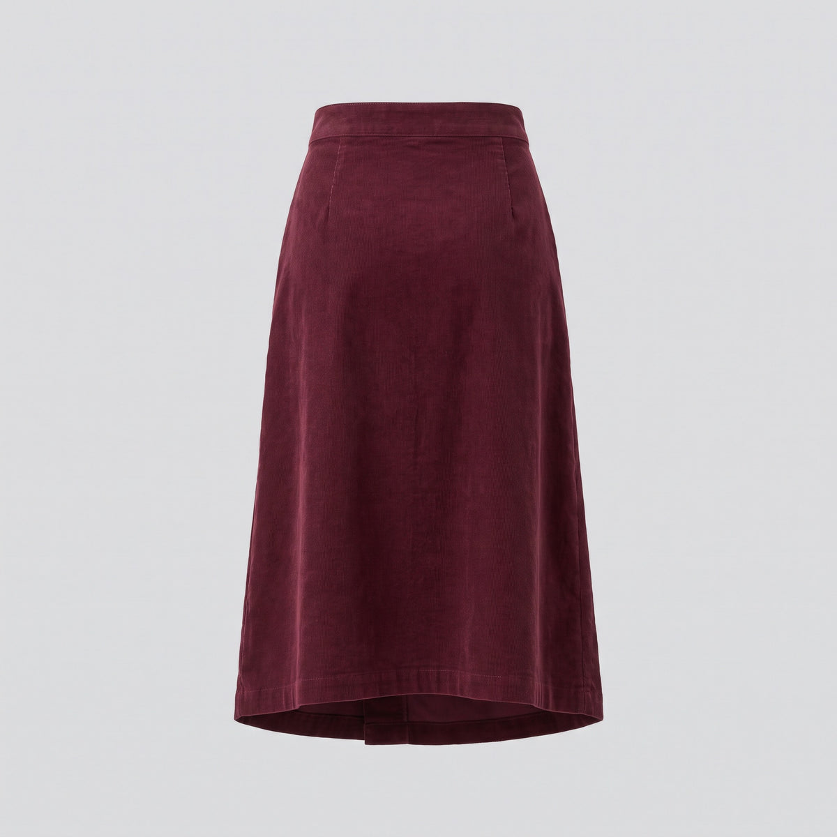Jupe portefeuille midi en velours, bordeaux, vue de dos — HARLOW & PINE
