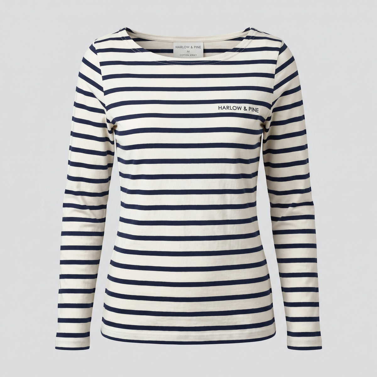 Marinière en jersey, écru et marine, vue de face — HARLOW & PINE