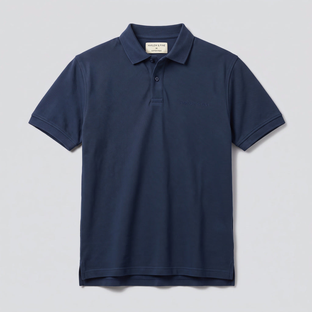 Polo en maille piquée, bleu marine, vue de face — HARLOW & PINE
