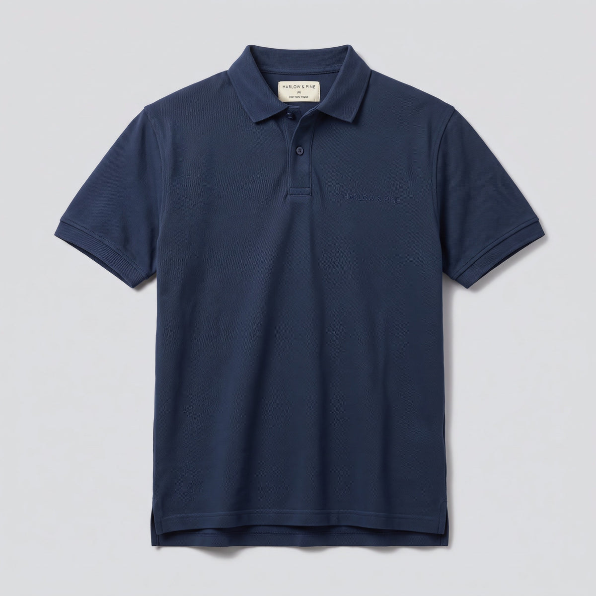 Polo en maille piquée, bleu marine, vue de face — HARLOW & PINE