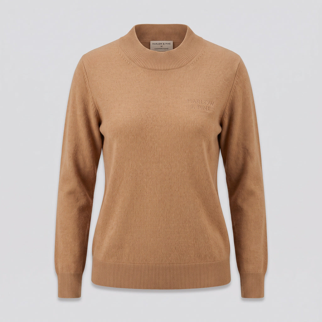 Pull col montant en cachemire mélangé, camel, vue de face — HARLOW & PINE