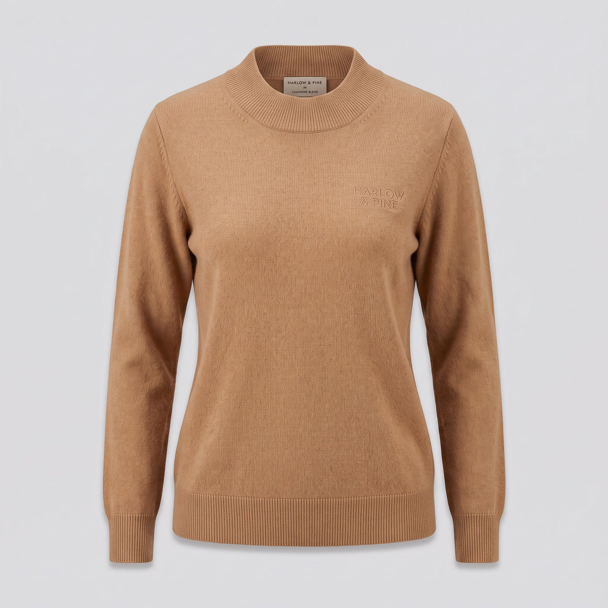Pull col montant en cachemire mélangé, camel, vue de face — HARLOW & PINE