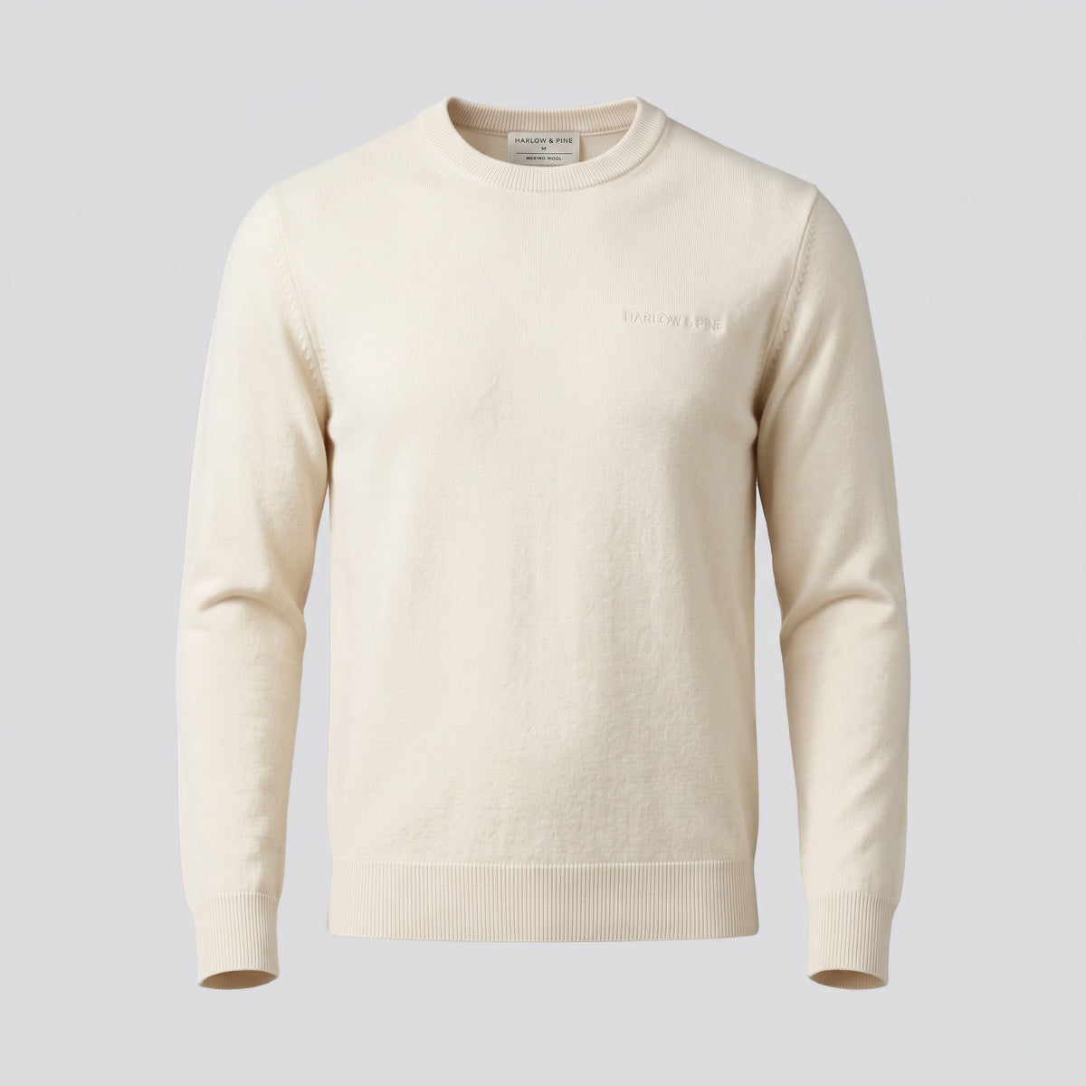 Pull col rond en laine mérinos, écru, vue de face — HARLOW & PINE
