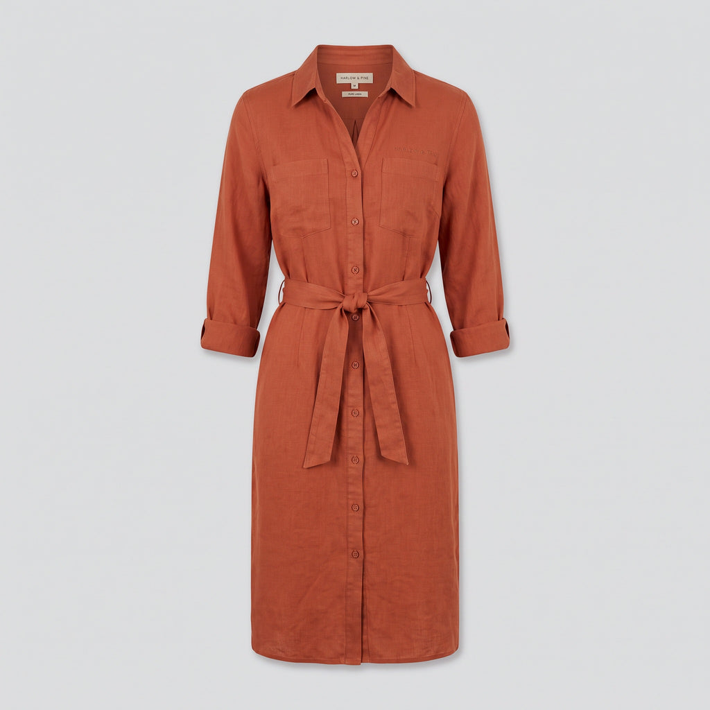 Robe chemise en lin, terracotta, vue de face — HARLOW & PINE