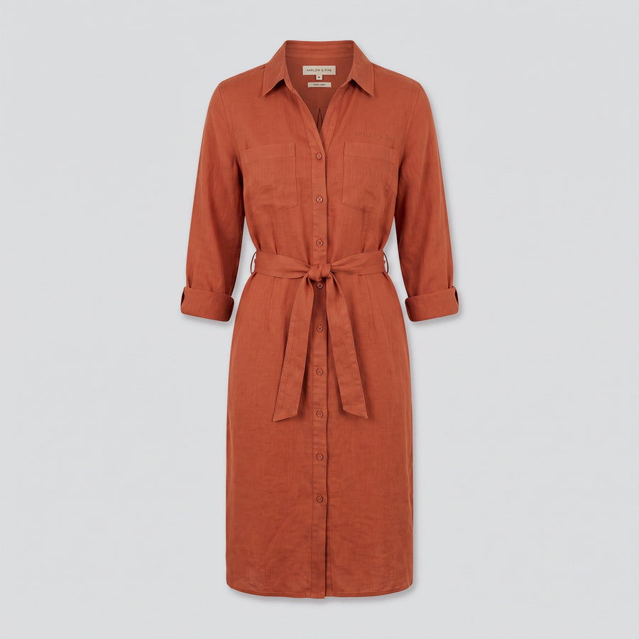 Robe chemise en lin, terracotta, vue de face — HARLOW & PINE