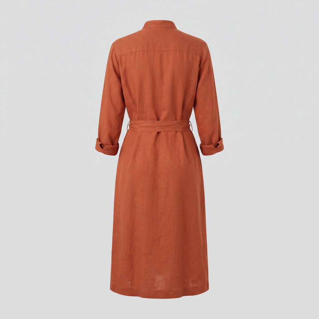 Robe chemise en lin, terracotta, vue de dos — HARLOW & PINE