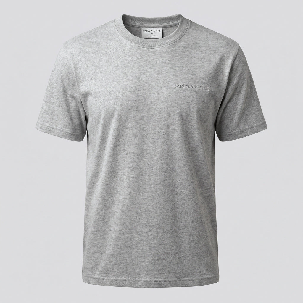 T-shirt col rond en coton épais, gris chiné, vue de face — HARLOW & PINE