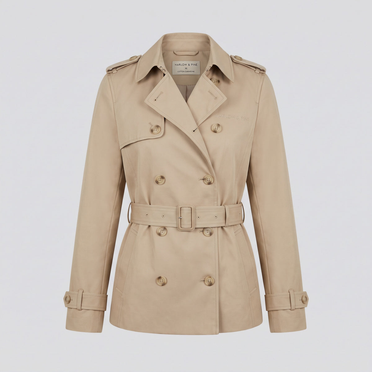 Trench court en gabardine, beige, vue de face — HARLOW & PINE